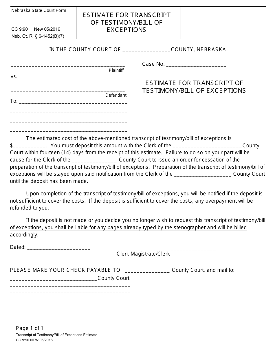 Form CC9:90 Estimate for Transcript of Testimony / Bill of Exceptions - Nebraska, Page 1