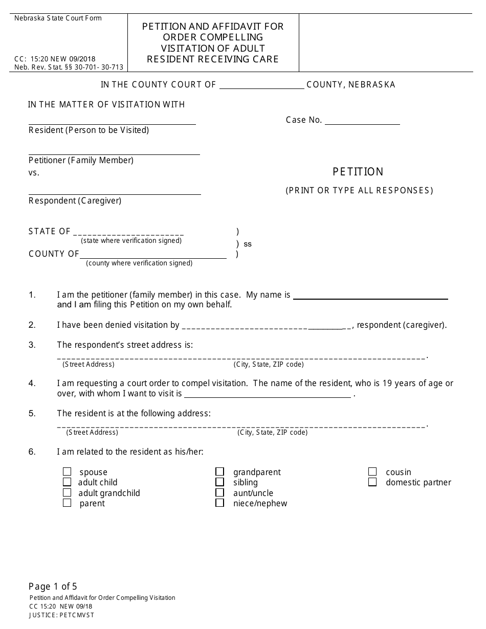 Form CC15:20 Petition and Affidavit for Order Compelling Visitation of Adult Resident Receiving Care - Nebraska, Page 1