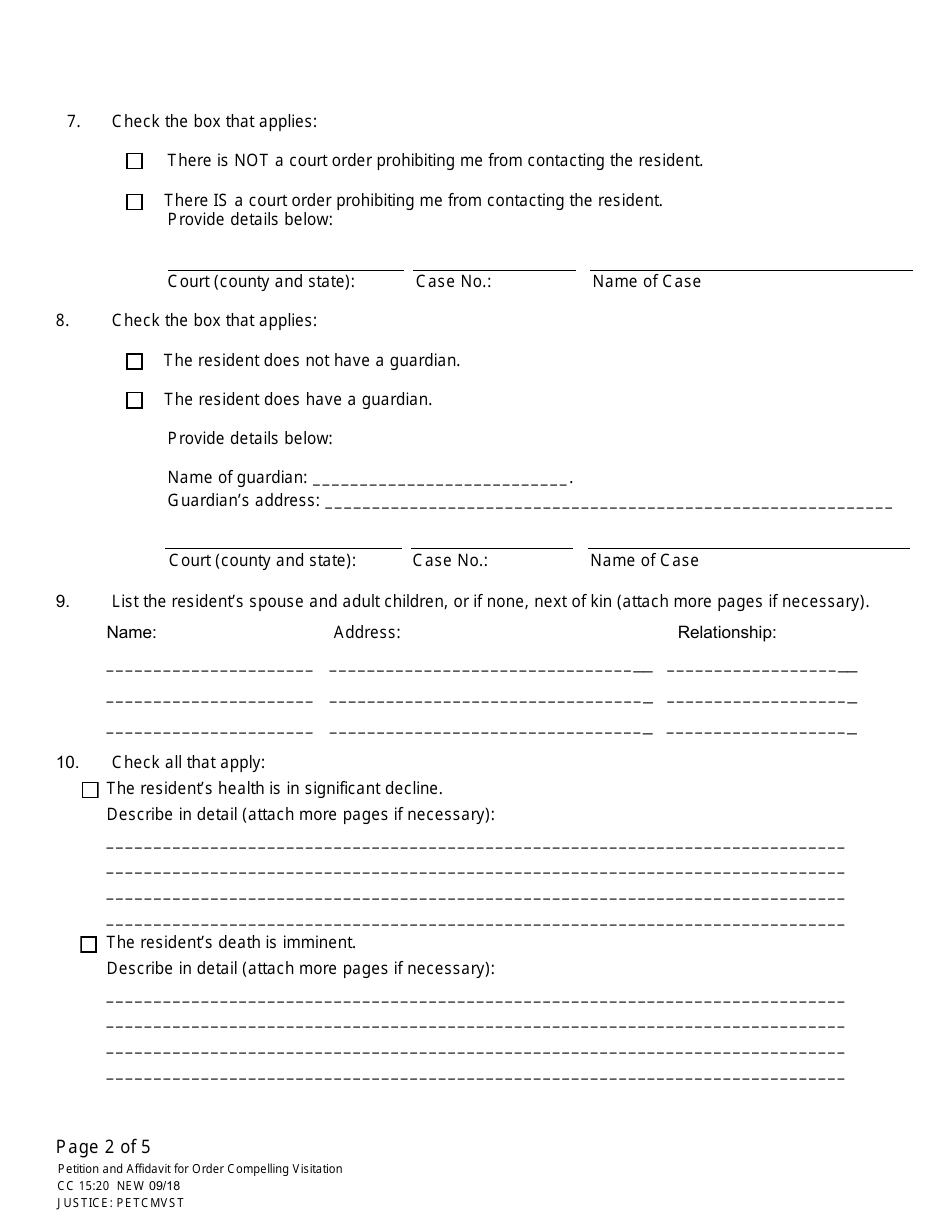 Form CC15:20 Petition and Affidavit for Order Compelling Visitation of Adult Resident Receiving Care - Nebraska, Page 2