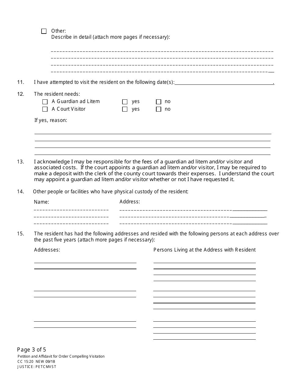 Form CC15:20 Petition and Affidavit for Order Compelling Visitation of Adult Resident Receiving Care - Nebraska, Page 3