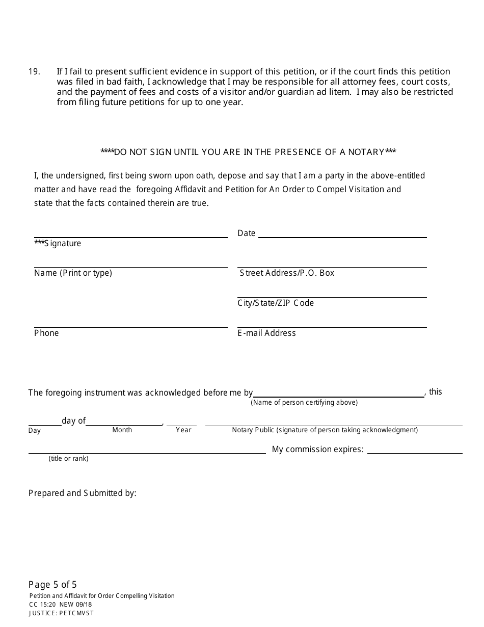 Form CC15:20 Petition and Affidavit for Order Compelling Visitation of Adult Resident Receiving Care - Nebraska, Page 5