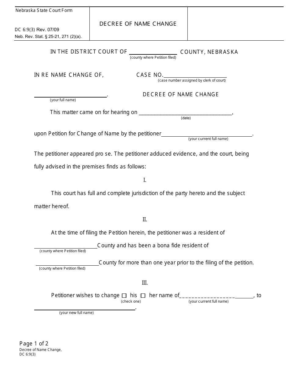 Form DC6:9(3) Decree of Name Change - Nebraska, Page 1