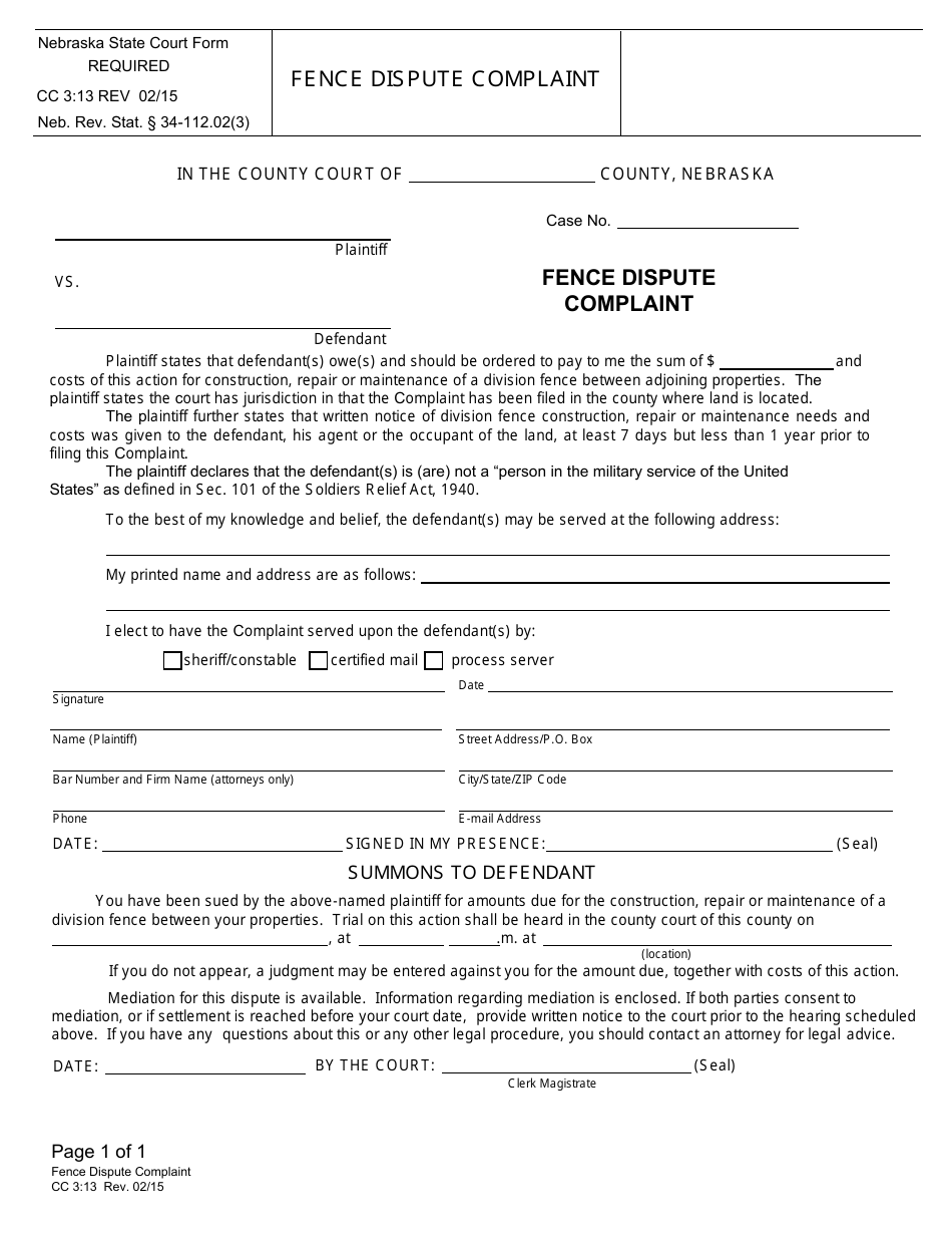 Form CC3:13 Fence Dispute Complaint - Nebraska, Page 1