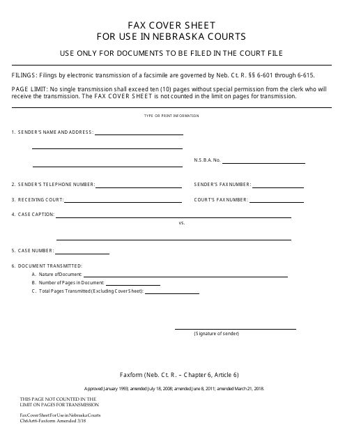 "Fax Cover Sheet for Use in Nebraska Courts" - Nebraska Download Pdf