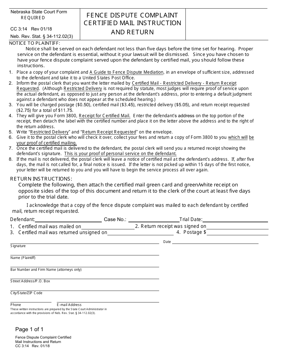 Form CC3:14 Fence Dispute Complaint Certified Mail Instruction and Return - Nebraska, Page 1