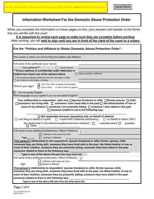 Form DC19:70 Domestic Abuse Protection Order Packet - Nebraska