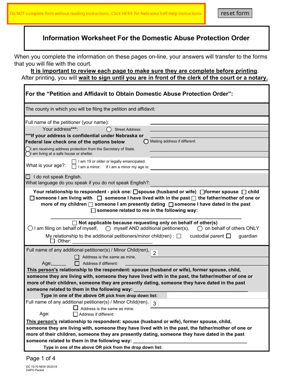 Form DC19:70 Domestic Abuse Protection Order Packet - Nebraska, Page 1