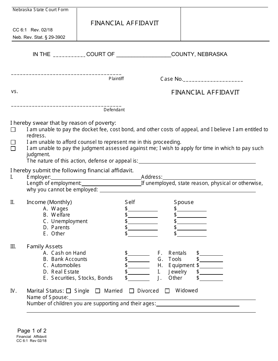 Form CC6:1 Financial Affidavit - Nebraska, Page 1