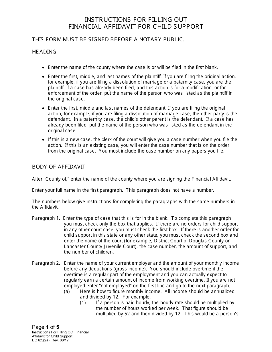 Instructions for Form DC6:5(2) Financial Affidavit for Child Support - Nebraska, Page 1