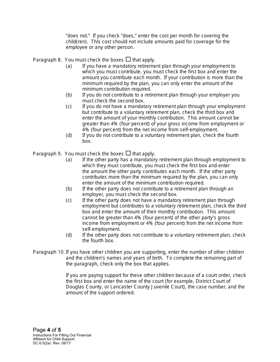 Instructions for Form DC6:5(2) Financial Affidavit for Child Support - Nebraska, Page 4