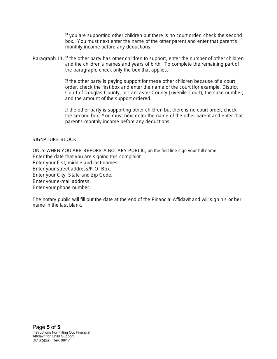 Instructions for Form DC6:5(2) Financial Affidavit for Child Support - Nebraska, Page 5