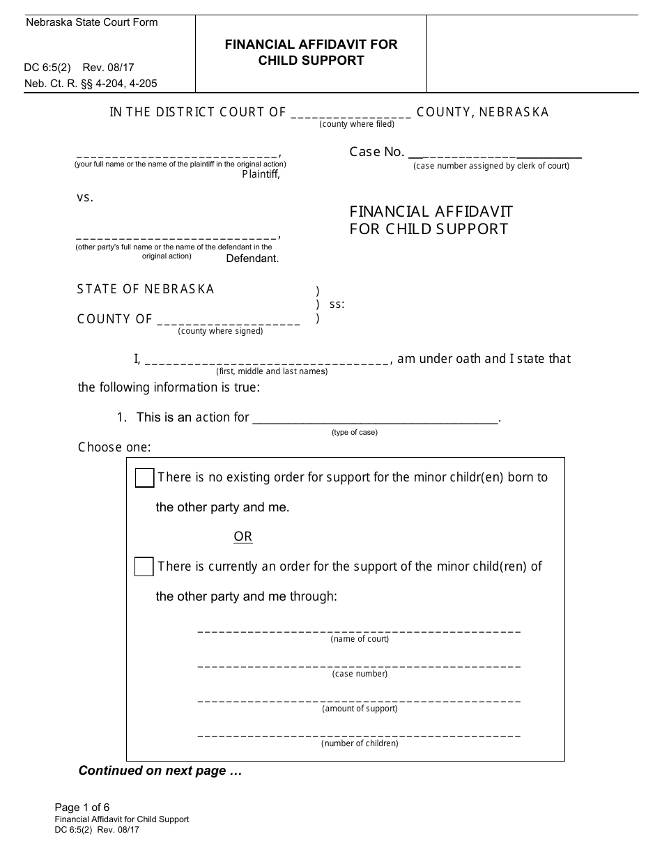 Form DC6:5(2) Financial Affidavit for Child Support - Nebraska, Page 1