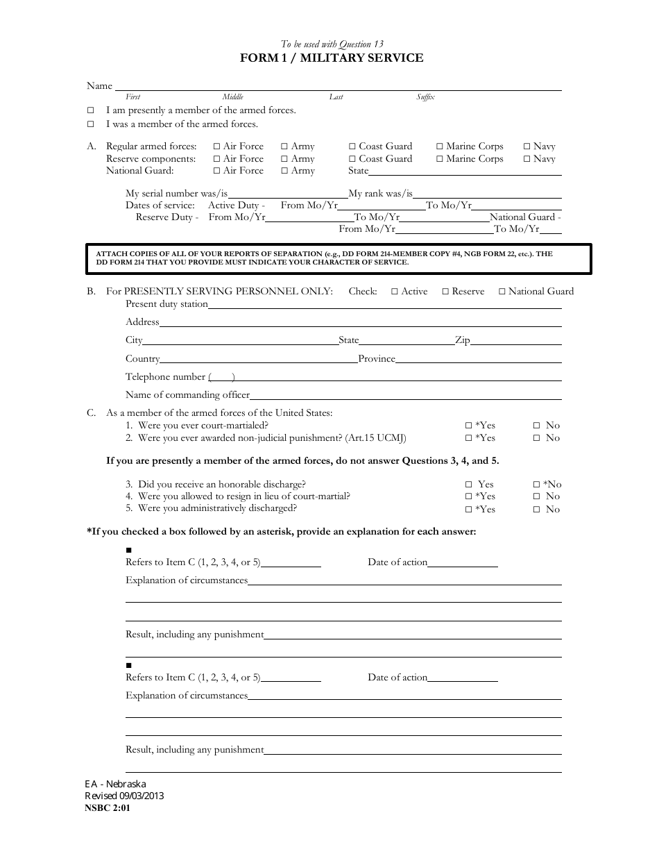 Form NSBC2:01 (1) Military Service - Nebraska, Page 1