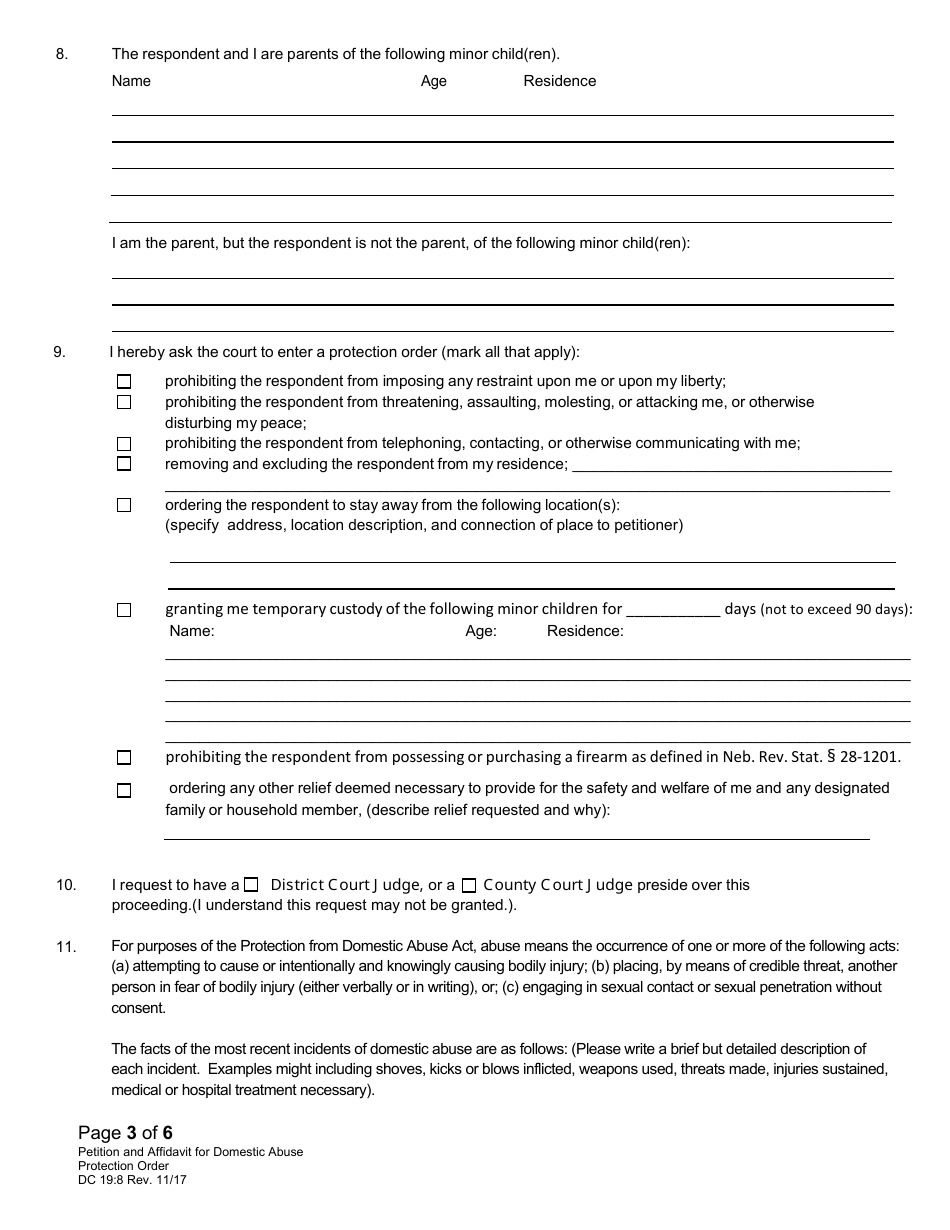 Form DC19:8 Petition and Affidavit to Obtain Domestic Abuse Protection Order - Nebraska, Page 3