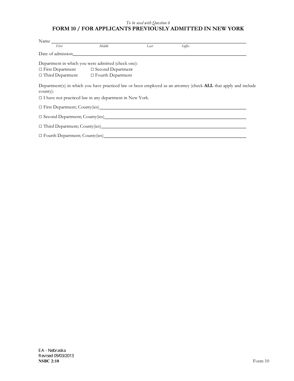 Form NSBC2:10 (10) For Applicants Previously Admitted in New York - Nebraska, Page 1