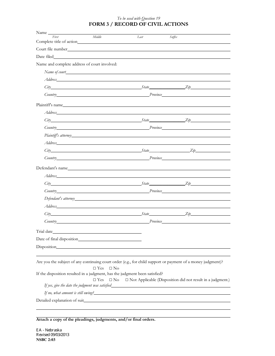 Form NSBC2:03 (3) Record of Civil Actions - Nebraska, Page 1