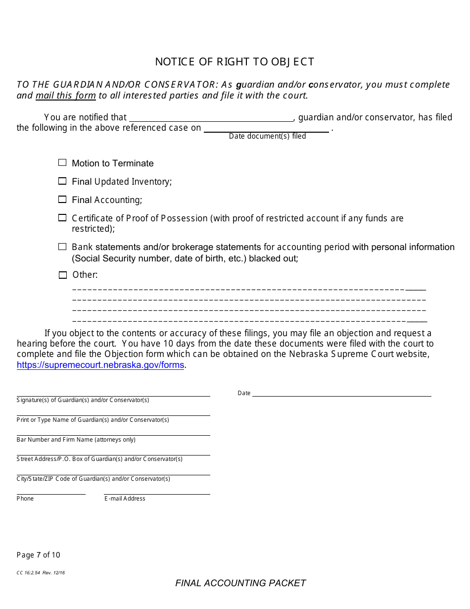 Form CC16:2.54 Final Accounting Packet - Nebraska, Page 9
