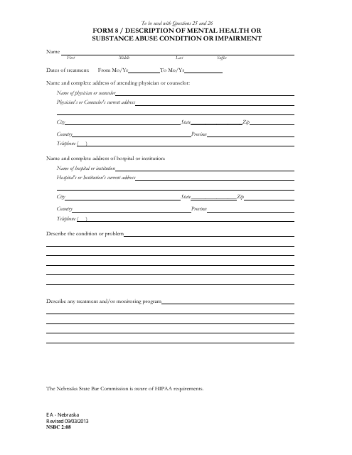 Form NSBC2:08 (8) Description of Mental Health or Substance Abuse Condition or Impairment - Nebraska