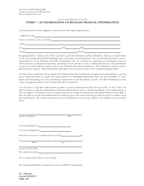 Form NSBC2:07 (7) Authorization to Release Medical Information - Nebraska
