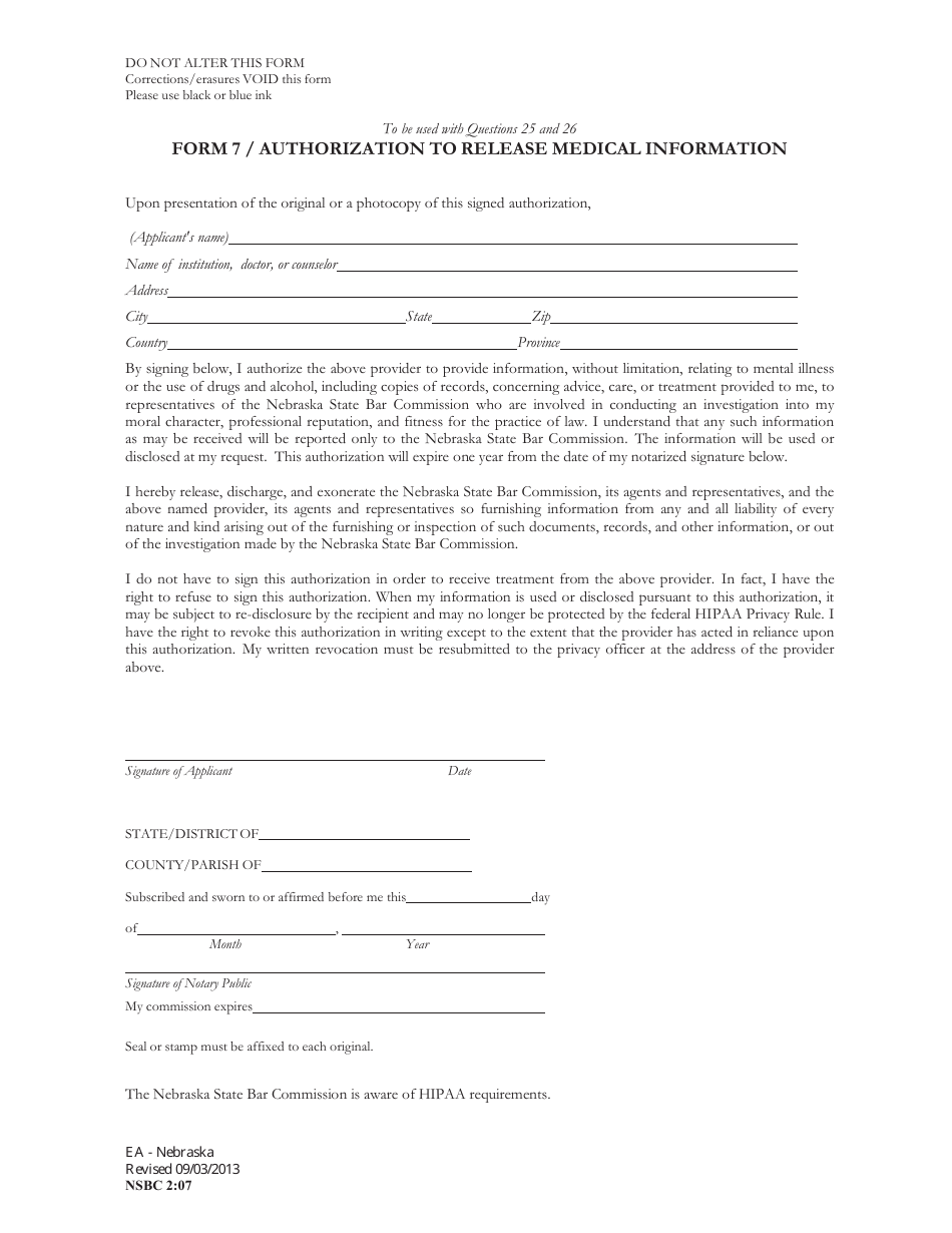 Form NSBC2:07 (7) Download Fillable PDF or Fill Online Authorization to ...
