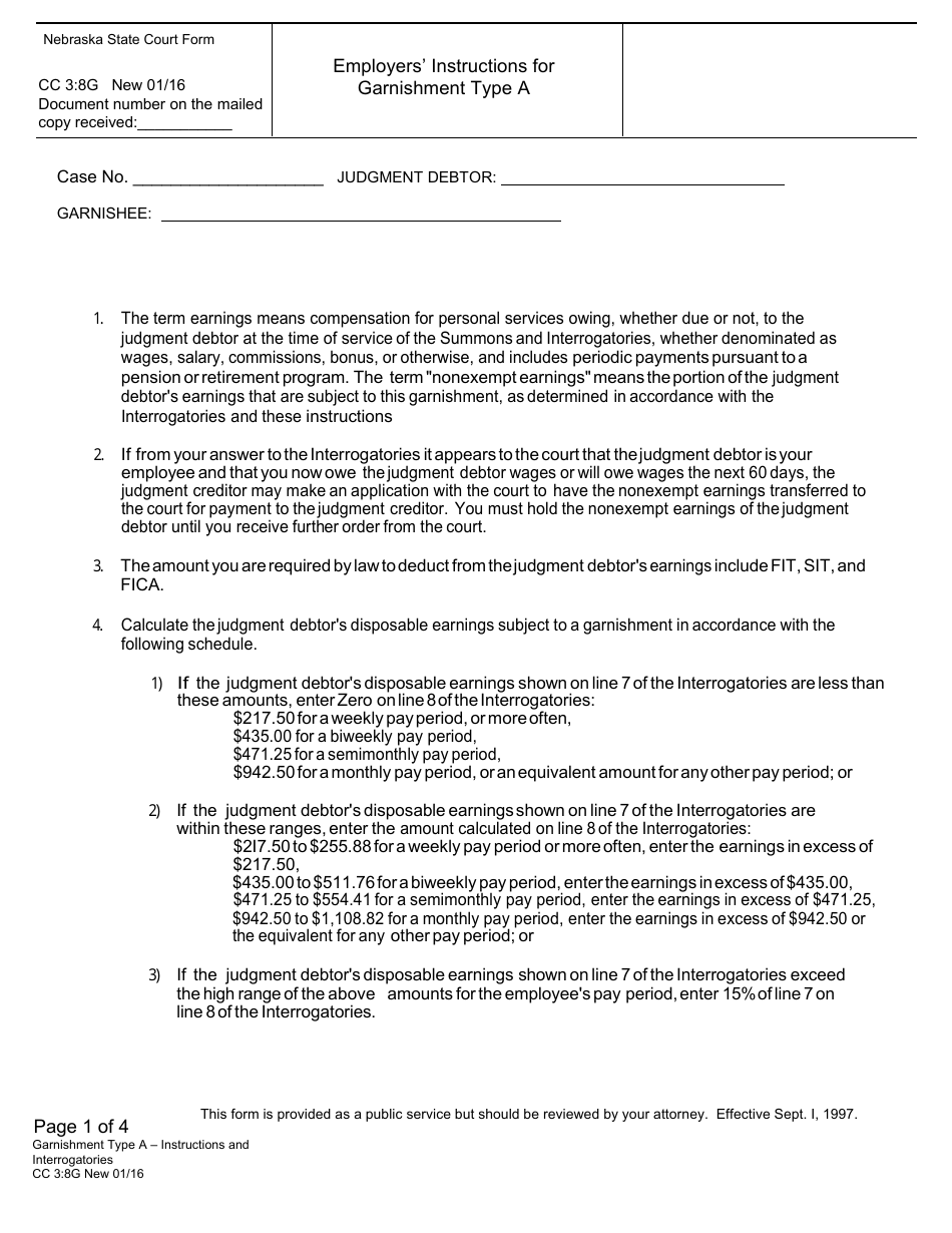 Form CC3:8G Garnishment Type a - Interrogatories for Garnishments - Nebraska, Page 1