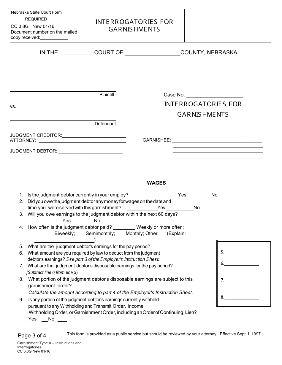 Form CC3:8G Garnishment Type a - Interrogatories for Garnishments - Nebraska, Page 3