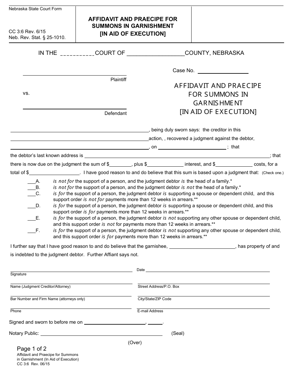 Form CC3:6 Affidavit and Praecipe for Summons in Garnishment [in Aid of Execution] - Nebraska, Page 1
