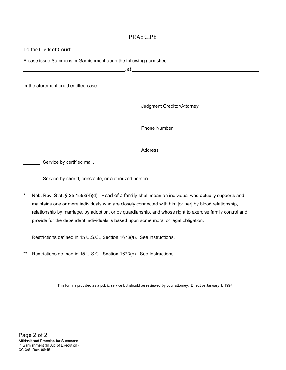 Form CC3:6 Affidavit and Praecipe for Summons in Garnishment [in Aid of Execution] - Nebraska, Page 2