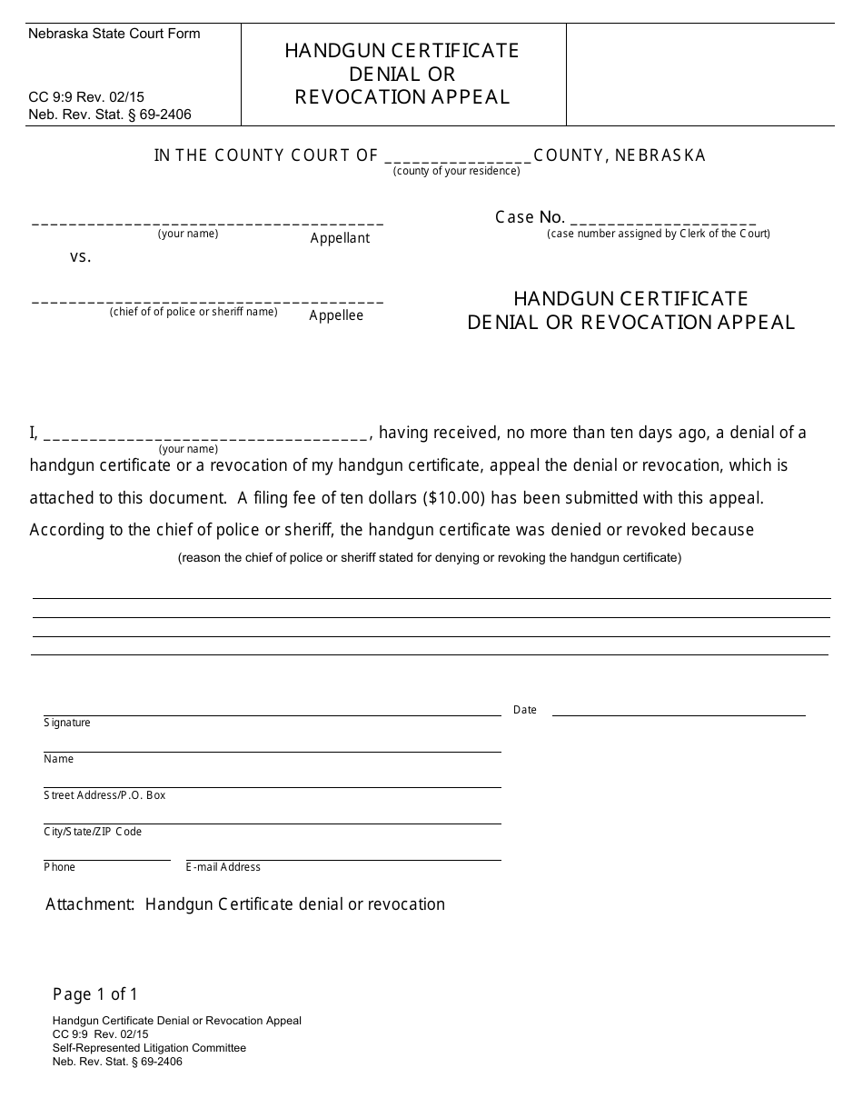 Form CC9:9 Handgun Certificate Denial or Revocation Appeal - Nebraska, Page 1