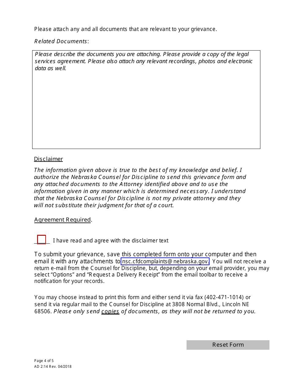 Form AD2:14 Grievance Form - Nebraska, Page 4