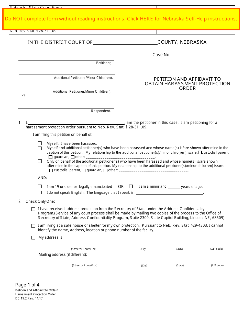 Form DC19:2 Petition and Affidavit to Obtain Harassment Protection Order - Nebraska, Page 1