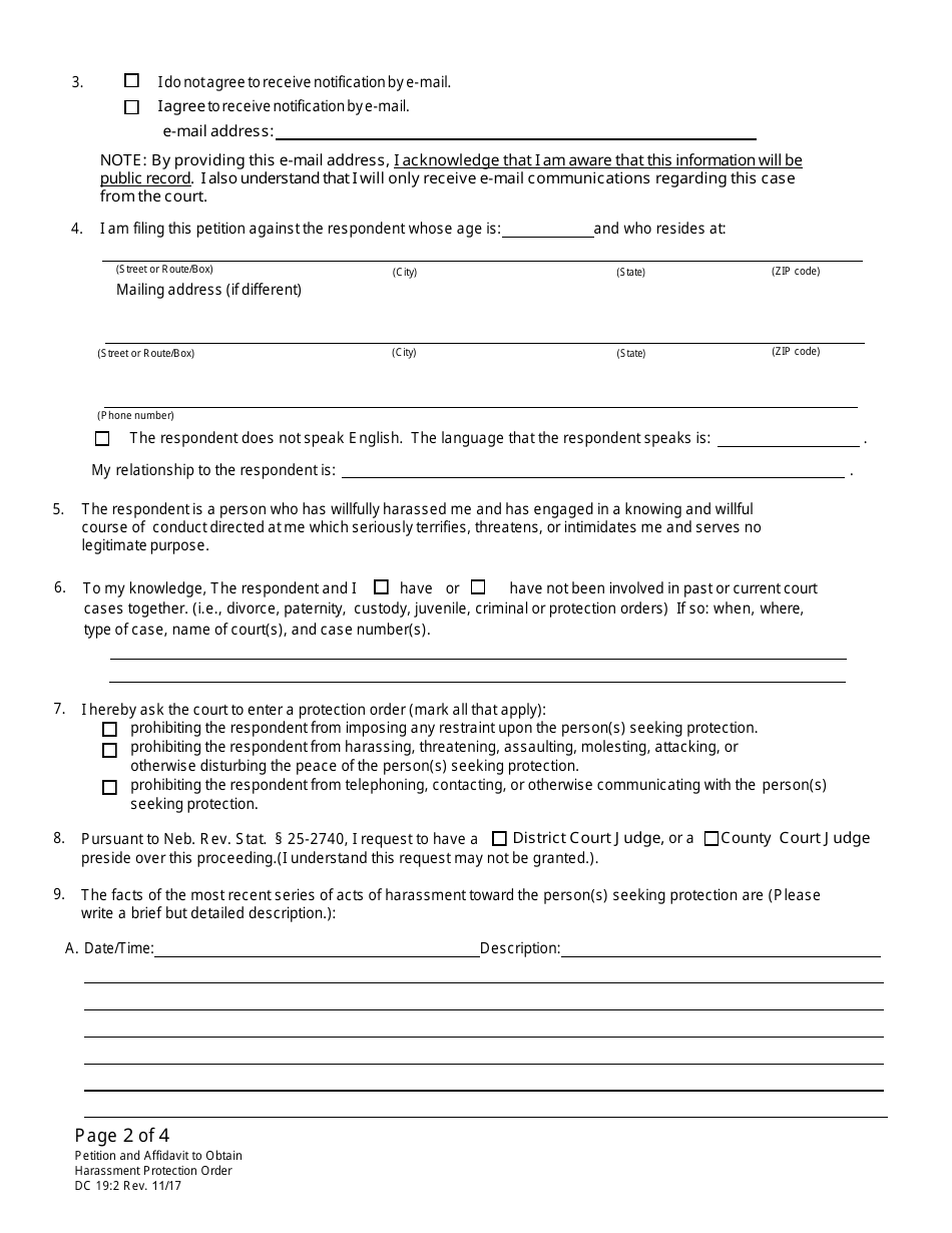 Form DC19:2 Petition and Affidavit to Obtain Harassment Protection Order - Nebraska, Page 2