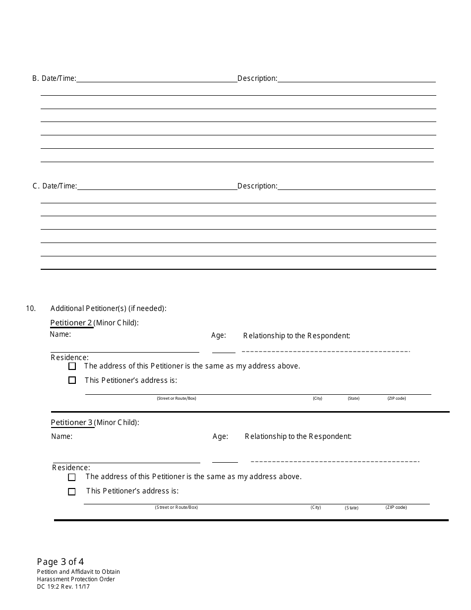 Form DC19:2 Petition and Affidavit to Obtain Harassment Protection Order - Nebraska, Page 3