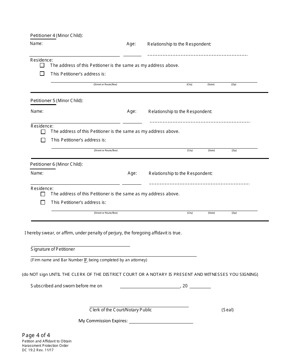 Form DC19:2 Petition and Affidavit to Obtain Harassment Protection Order - Nebraska, Page 4