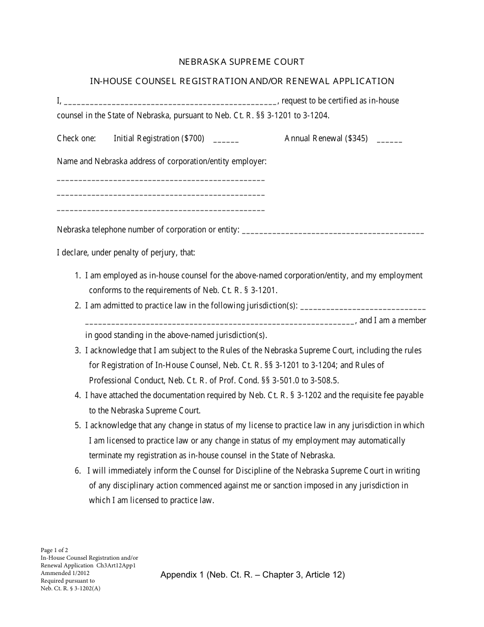 Form CH3ART12APP1 In-house Counsel Registration and / or Renewal Application - Nebraska, Page 1