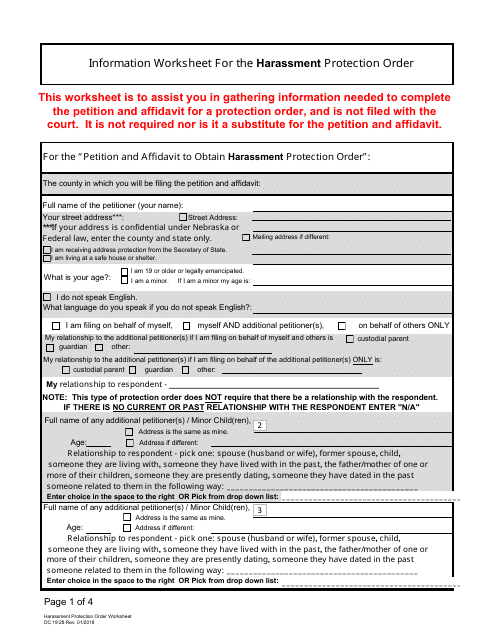 Form DC19:28 Harassment Protection Order Worksheet - Nebraska