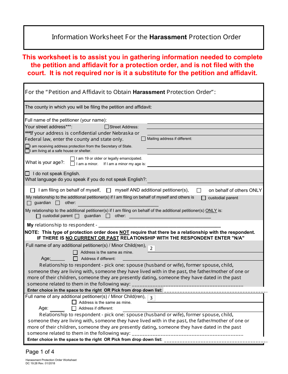 Form DC19:28 Harassment Protection Order Worksheet - Nebraska, Page 1