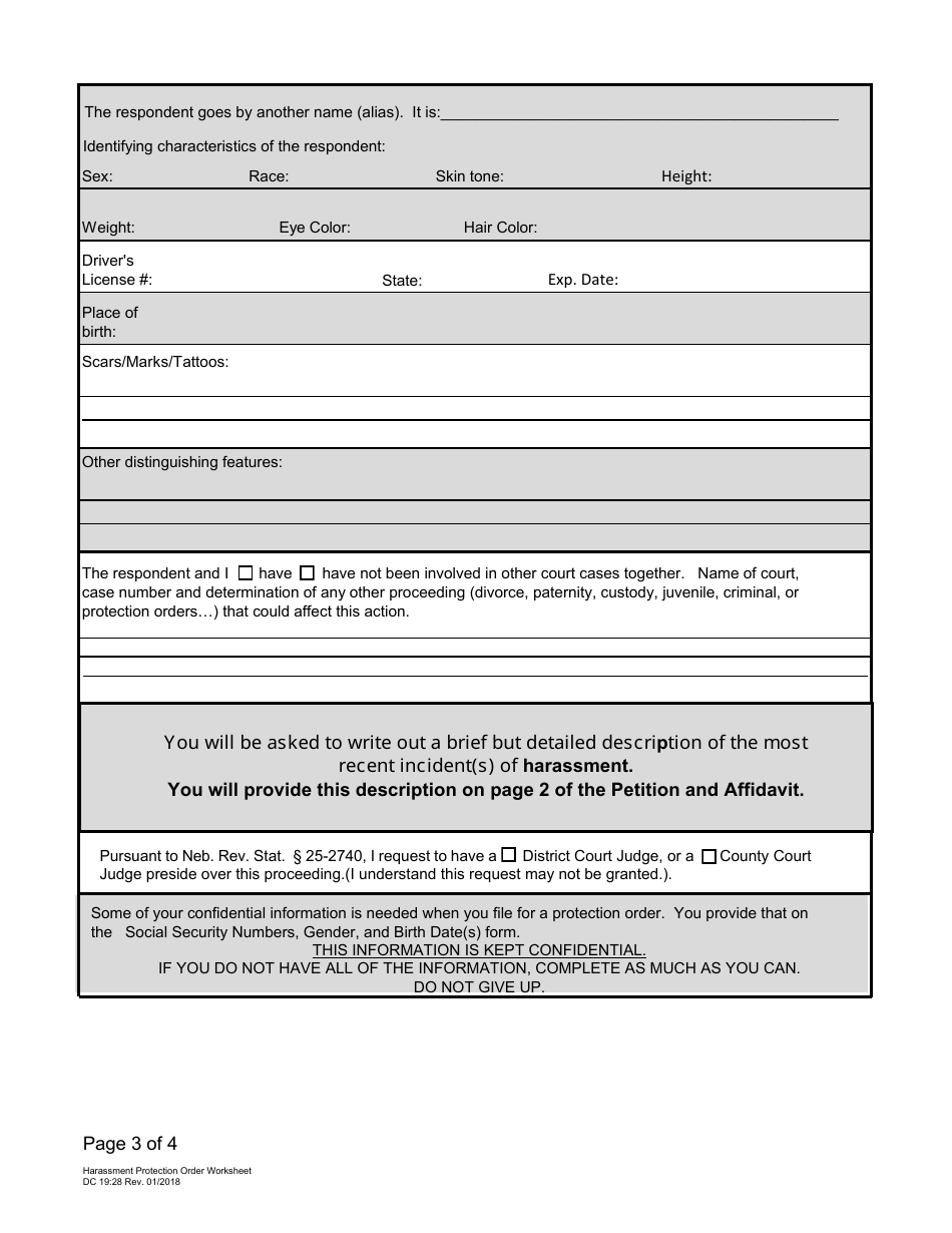 Form DC19:28 Harassment Protection Order Worksheet - Nebraska, Page 3
