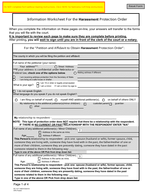 Form DC19:71 Information Worksheet for the Harassment Protection Order Packet - Nebraska
