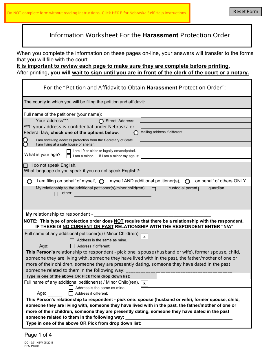 Form DC19:71 Information Worksheet for the Harassment Protection Order Packet - Nebraska, Page 1