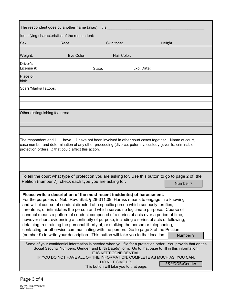 Form DC19:71 Information Worksheet for the Harassment Protection Order Packet - Nebraska, Page 3