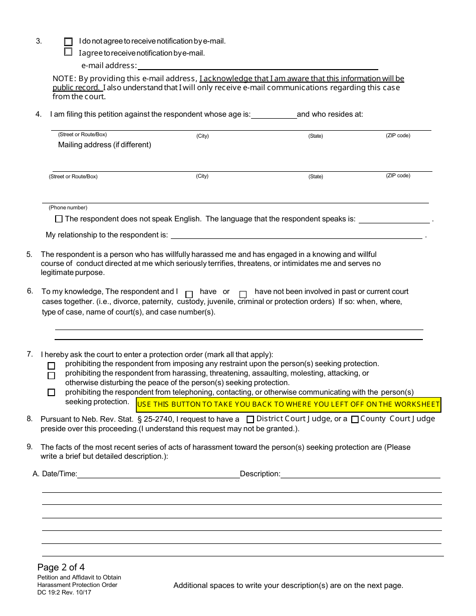 Form DC19:71 Information Worksheet for the Harassment Protection Order Packet - Nebraska, Page 9