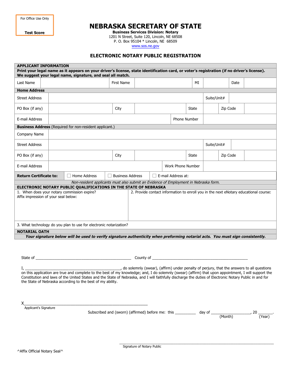 Electronic Notary Public Registration Form - Nebraska, Page 1