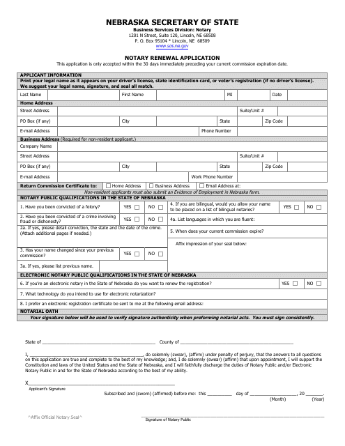 Notary Renewal Application Form - Nebraska Download Pdf