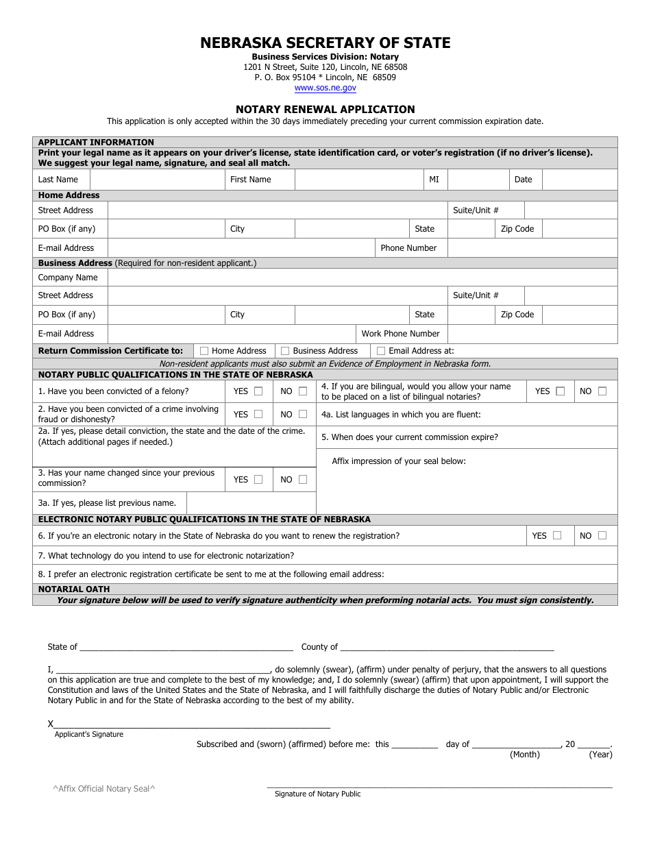 Notary Renewal Application Form - Nebraska, Page 1