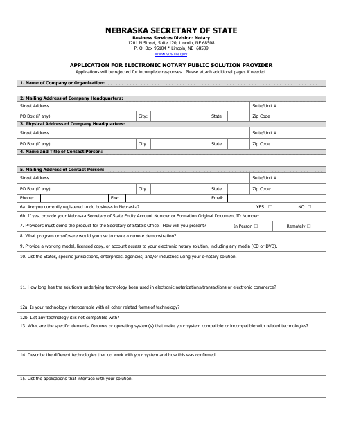 Application for Electronic Notary Public Solution Provider - Nebraska Download Pdf