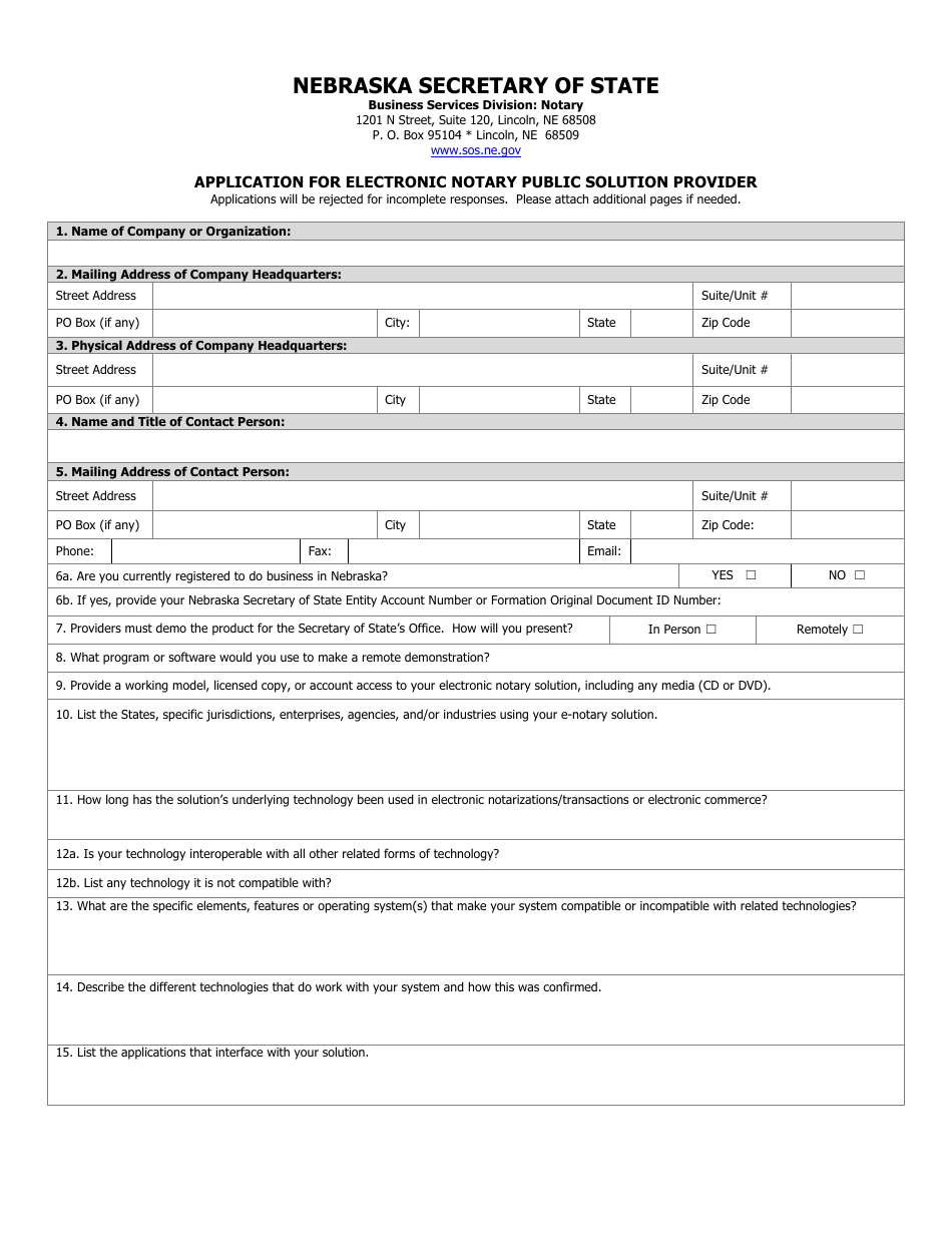 Application for Electronic Notary Public Solution Provider - Nebraska, Page 1