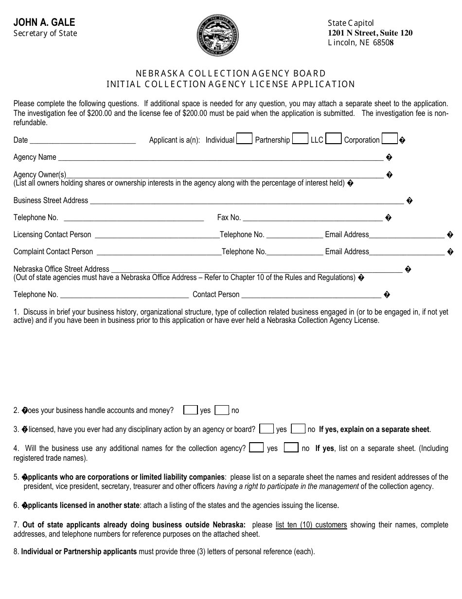 Initial Collection Agency License Application - Nebraska Collection Agency Board - Nebraska, Page 1