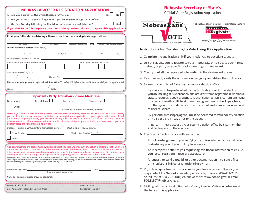 Nebraska Voter Registration Application - Nebraska Download Pdf
