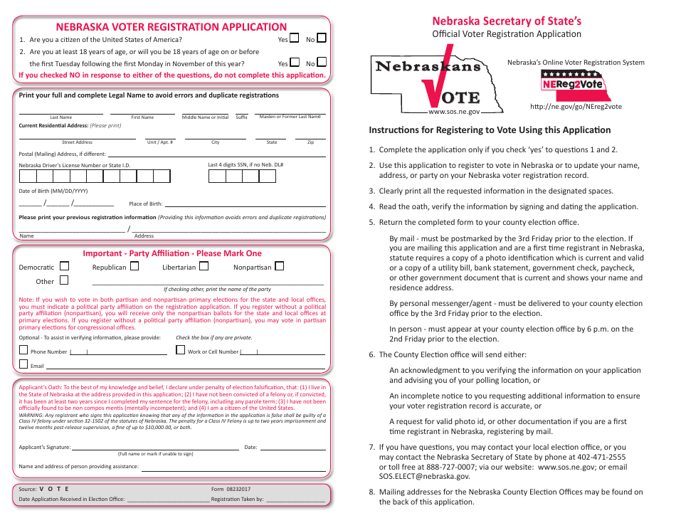 Nebraska Voter Registration Application - Nebraska, Page 1